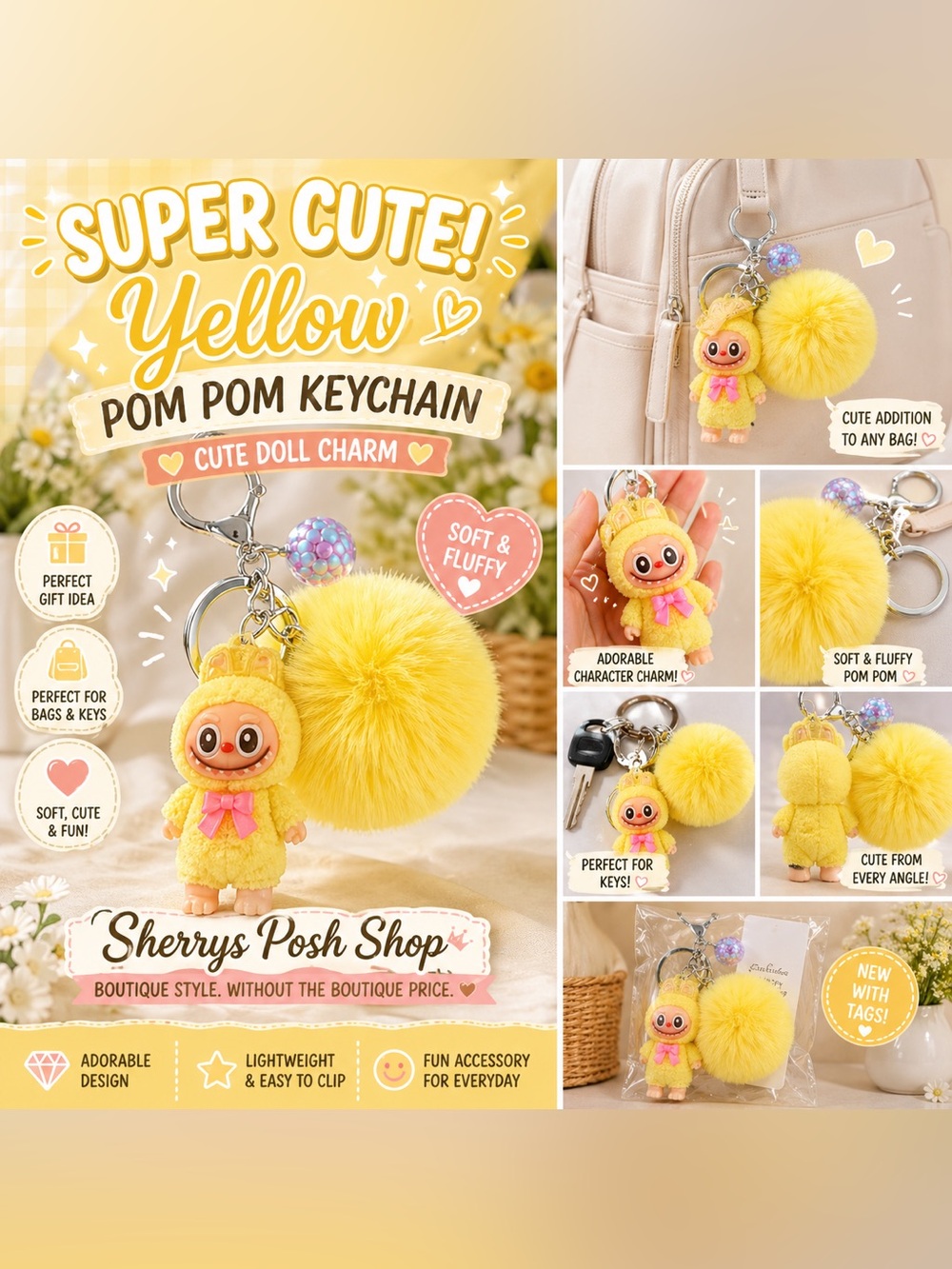 Yellow Pom Pom Keychain Cute Doll Charm Labubu Inspired Bag Accessory